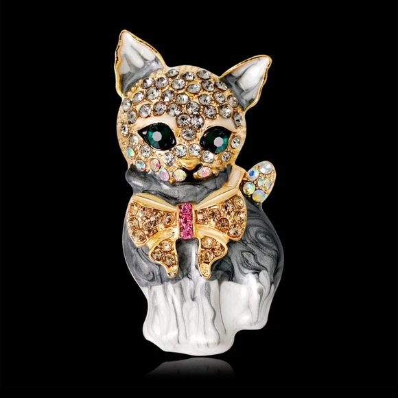 Sweet Kitty Cat Kitten with Bow Rhinestone Brooch Enamel Pin/Pend Cat Lover gift - Picture 3 of 9
